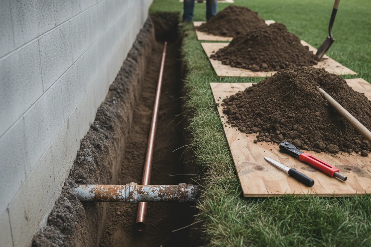 Excavated water line trench during Water Heater Repair in Durkee